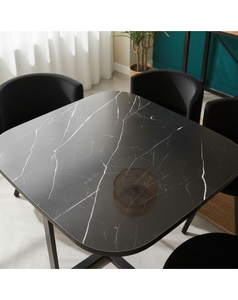 Ensemble Table &  4 chaises Oslo effet marbre et velours noir - 90x90x75 cm