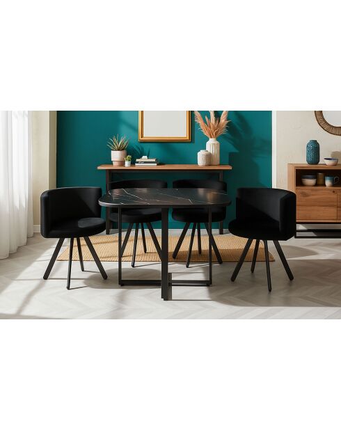 Ensemble Table &  4 chaises Oslo effet marbre et velours noir - 90x90x75 cm