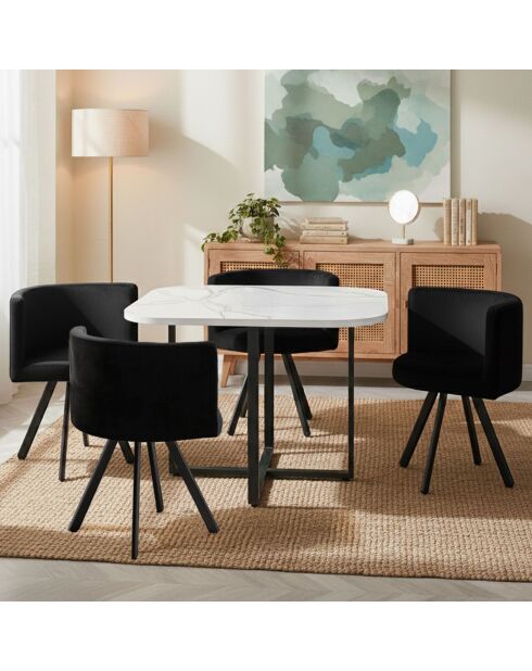 Ensemble Table & 4 chaises Oslo effet marbre blanc et velours noir - 90x90x75 cm