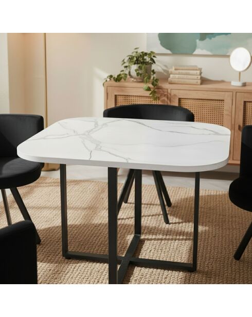Ensemble Table & 4 chaises Oslo effet marbre blanc et velours noir - 90x90x75 cm