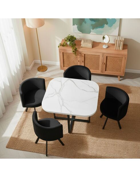 Ensemble Table & 4 chaises Oslo effet marbre blanc et velours noir - 90x90x75 cm
