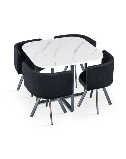 Ensemble Table & 4 chaises Oslo effet marbre blanc et velours noir - 90x90x75 cm