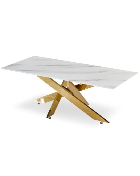 Table basse Naelle en verre effet marbre blanche et pieds or - 120x60x42 cm