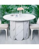 Tavolo rotondo allungabile in stile Japandi Tulipa con allunghe integrate in effetto marmo bianco - 110x110x76 cm