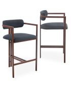 2 Barstühle Galilea, Design, aus dunklem Metall in Holzoptik und anthrazitfarbenem Stoff, 53 x 55 x 103 cm