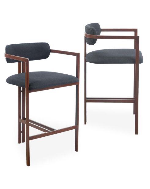 2 Barstühle Galilea, Design, aus dunklem Metall in Holzoptik und anthrazitfarbenem Stoff, 53 x 55 x 103 cm