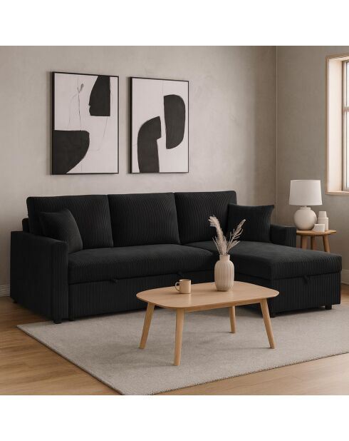 Wandelbares Ecksofa mit wendbarem Kofferraum aus schwarzem Toledo Cord - 230x143x85 cm