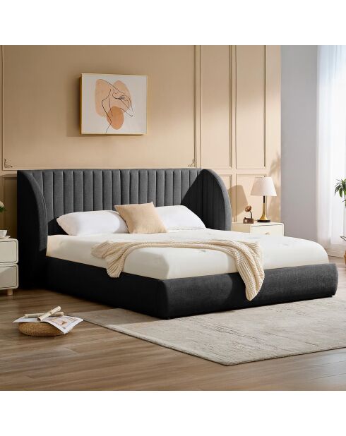 Cama completa con cabecera modular, capullo, tela gris oscuro - 296x219x110 cm