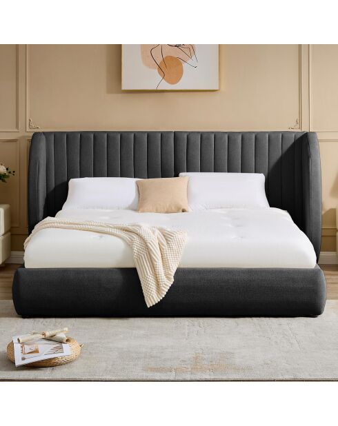 Cama completa con cabecera modular, capullo, tela gris oscuro - 296x219x110 cm