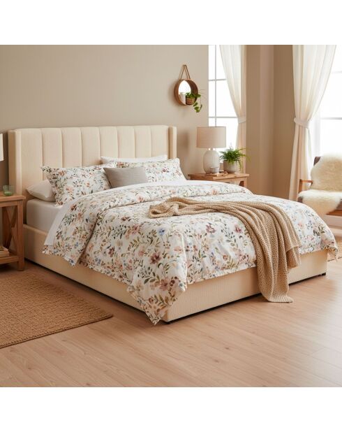 Magorial Doppelbett mit Hubgestell aus cremefarbenem Couclette-Stoff - 180x200 cm