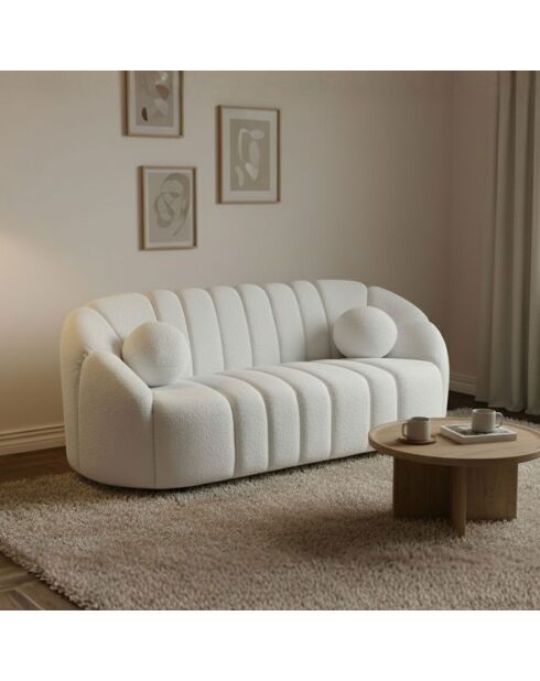 Canapé 3 places design en tissu bouclette sidonie blanc - 201x87x74 cm