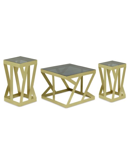 3 tavolini Zendaya in vetro fumé e metallo dorato