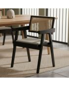 Chaise design avec accoudoirs en cannage rotin Hiro bois foncé et tissu beige - 46x50x72 cm