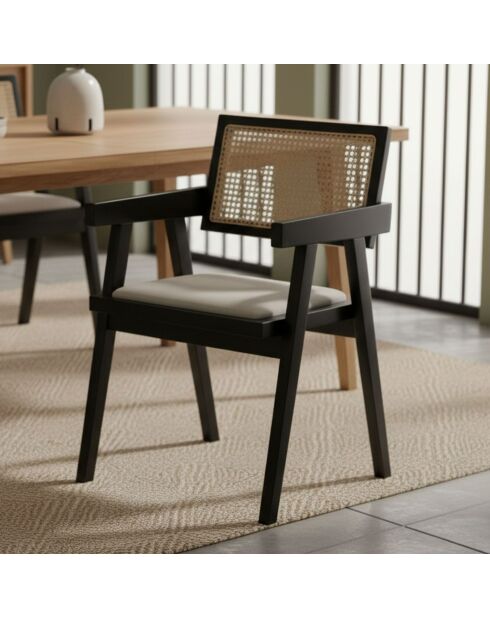 Chaise design avec accoudoirs en cannage rotin Hiro bois foncé et tissu beige - 46x50x72 cm