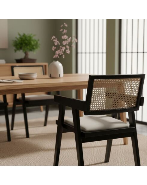 Chaise design avec accoudoirs en cannage rotin Hiro bois foncé et tissu beige - 46x50x72 cm