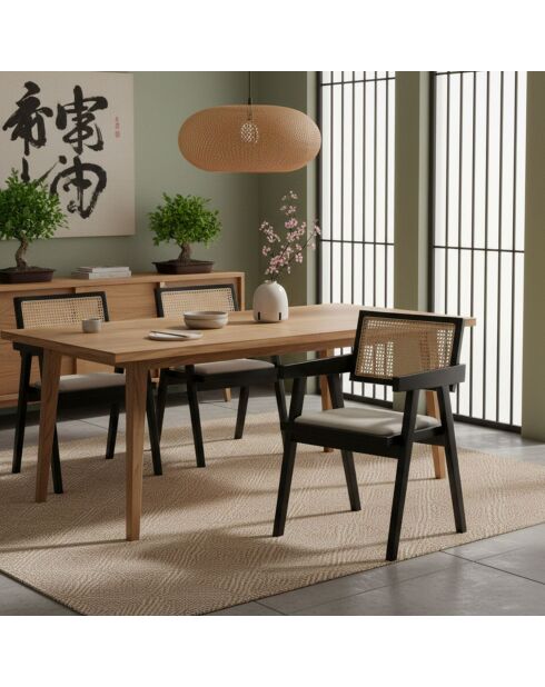 Chaise design avec accoudoirs en cannage rotin Hiro bois foncé et tissu beige - 46x50x72 cm