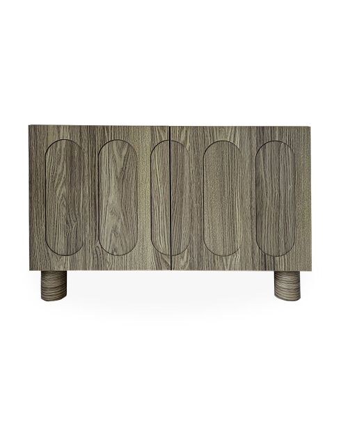 Petit buffet rétro-moderne avec portes sculptées Durand chêne grisé - 80x40x50 8 cm