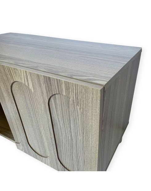 Petit buffet rétro-moderne avec portes sculptées Durand chêne grisé - 80x40x50 8 cm