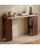 Cezanne art deco designconsole met beige travertijneffect en donker hout - 120x40x75 cm