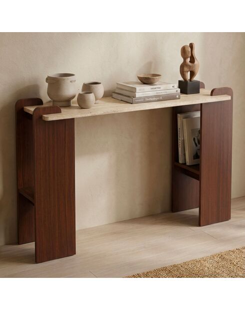 Cezanne art deco designconsole met beige travertijneffect en donker hout - 120x40x75 cm