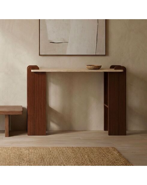 Cezanne art deco designconsole met beige travertijneffect en donker hout - 120x40x75 cm