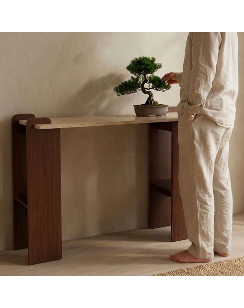 Cezanne art deco designconsole met beige travertijneffect en donker hout - 120x40x75 cm