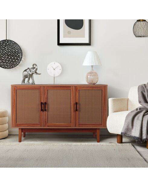 Buffet moderne poetis 3 portes avec cannage rotin et bois - 113x40x70 cm