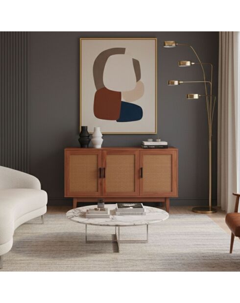 Buffet moderne poetis 3 portes avec cannage rotin et bois - 113x40x70 cm