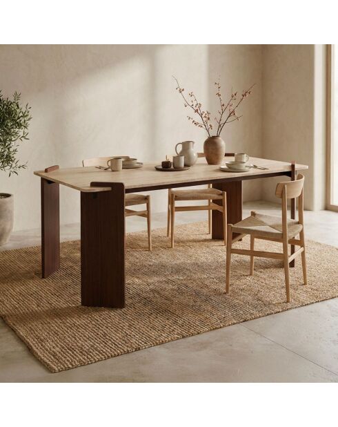 Cezanne Art-Deco-Design-Esstisch mit beigem Travertin-Effekt und dunklem Holz - 180x90x75 cm