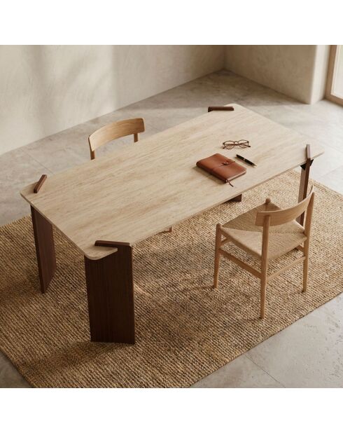 Cezanne Art-Deco-Design-Esstisch mit beigem Travertin-Effekt und dunklem Holz - 180x90x75 cm