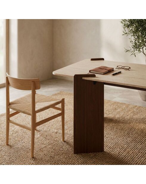 Cezanne Art-Deco-Design-Esstisch mit beigem Travertin-Effekt und dunklem Holz - 180x90x75 cm