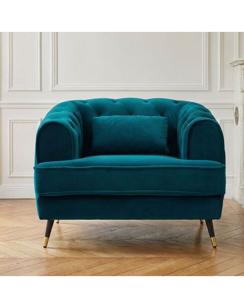 Gewatteerde fauteuil in boudoirstijl in eendenblauw glamfluweel - 93x86x71 cm