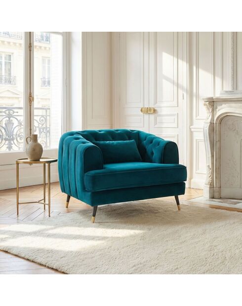 Gewatteerde fauteuil in boudoirstijl in eendenblauw glamfluweel - 93x86x71 cm