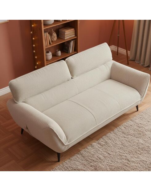 Canapé 3 places moderne avec dossier réglable en velours côtelé Ghislain crème - 198x85x85 cm