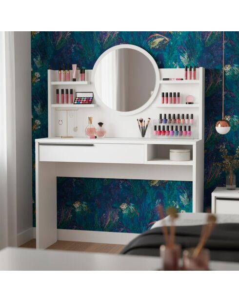 Coiffeuse à tiroir avec étagères et miroir rond Onara blanche - 100x44 4x119 5 cm