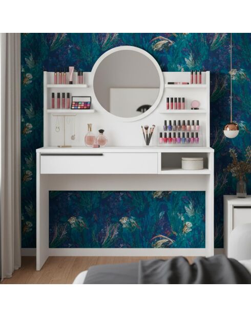 Coiffeuse à tiroir avec étagères et miroir rond Onara blanche - 100x44 4x119 5 cm