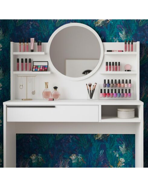 Coiffeuse à tiroir avec étagères et miroir rond Onara blanche - 100x44 4x119 5 cm