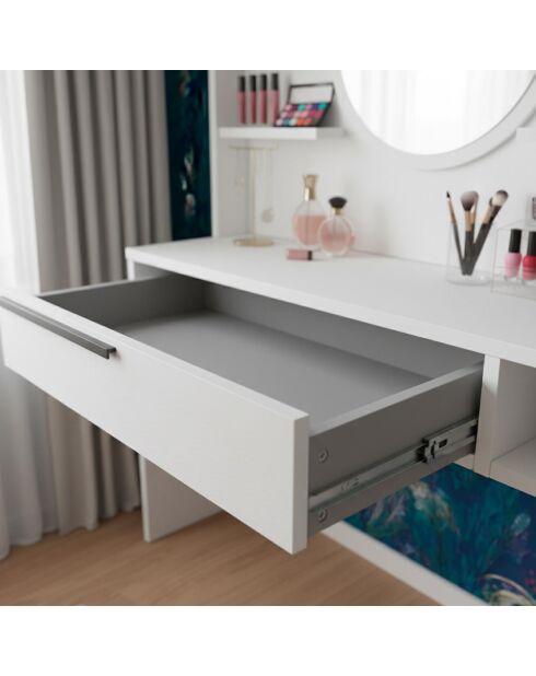 Coiffeuse à tiroir avec étagères et miroir rond Onara blanche - 100x44 4x119 5 cm
