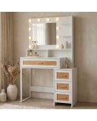 Coiffeuse 4 tiroirs et miroir led 3 couleurs Miraclas bois blanc et rotin - 92x40x143 5 cm