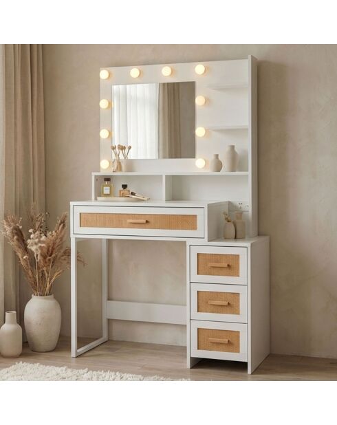 Coiffeuse 4 tiroirs et miroir led 3 couleurs Miraclas bois blanc et rotin - 92x40x143 5 cm