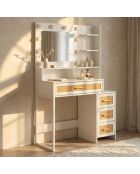 Coiffeuse 4 tiroirs et miroir led 3 couleurs Miraclas bois blanc et rotin - 92x40x143 5 cm