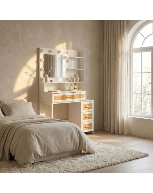 Coiffeuse 4 tiroirs et miroir led 3 couleurs Miraclas bois blanc et rotin - 92x40x143 5 cm