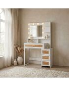 Coiffeuse 4 tiroirs et miroir led 3 couleurs Miraclas bois blanc et rotin - 92x40x143 5 cm