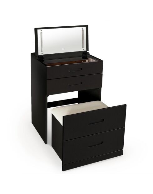 Coiffeuse compacte avec miroir led tiroir et pouf intégré germina noire - 60x50x80 cm