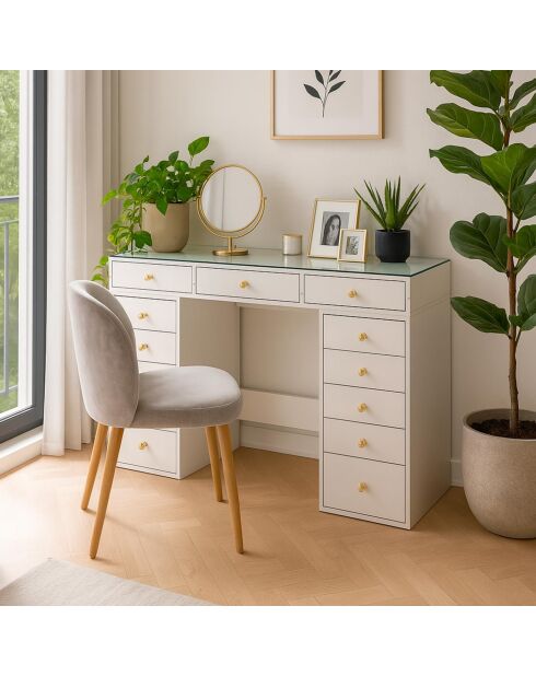 Coiffeuse moderne avec 13 tiroirs et plateau en verre transparent probeauty blanche - 120x44 5x79 8 cm/120x44 5x0 8 cm