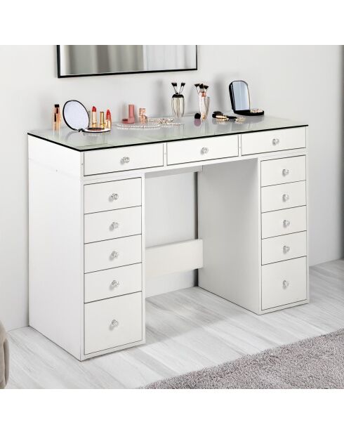 Coiffeuse moderne avec 13 tiroirs et plateau en verre transparent probeauty blanche - 120x44 5x79 8 cm/120x44 5x0 8 cm