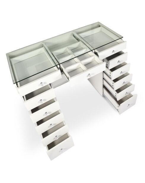 Coiffeuse moderne avec 13 tiroirs et plateau en verre transparent probeauty blanche - 120x44 5x79 8 cm/120x44 5x0 8 cm