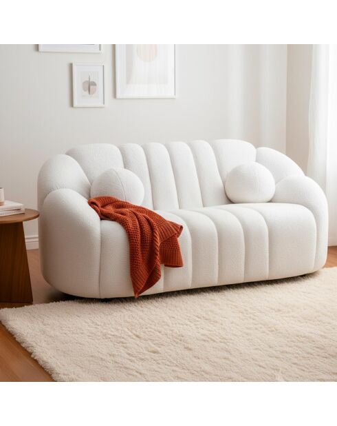 Canapé 2 places design en tissu bouclette Sidonie blanc - 162x87x74 cm
