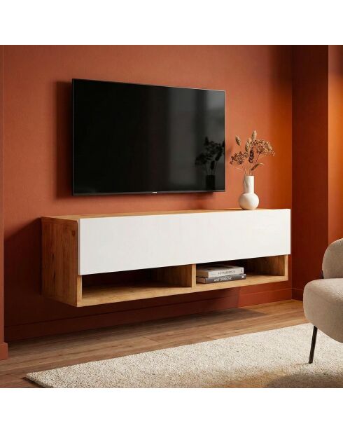 Soporte de TV de pared con 1 puerta basculante, pino, madera clara y blanco - 100x31 6x29 x 1 cm