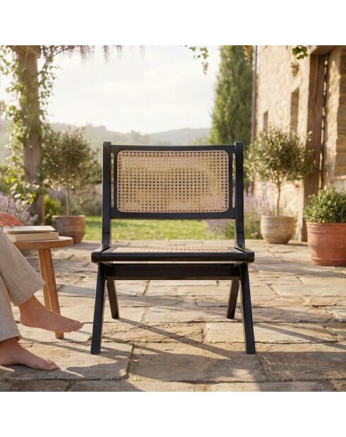 Chaise pliante Masdam bois massif et cannage en rotin noir/beige- 52x79x73 cm